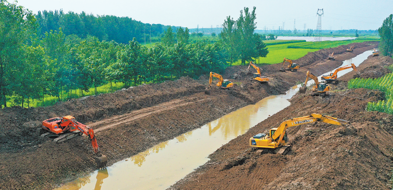 8月4日,扶沟县汴岗镇庙陵岗村,50余台挖掘机正在紧张作业,疏浚河道.